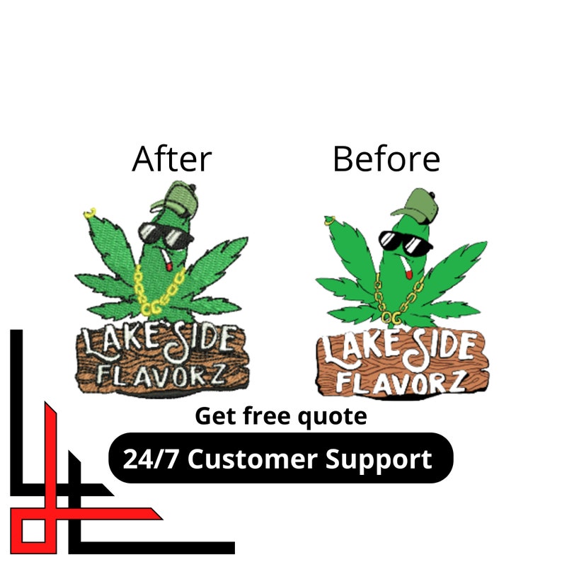May include: A green marijuana leaf cartoon character wearing sunglasses, a hat, and a gold chain, holding a cigarette. The character is standing in front of a wooden sign that says "LAKE SIDE FLAVORZ".