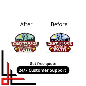 May include: A red and white embroidered patch with the text "Chattooga County Agricultural Fair" and a Ferris wheel graphic. The patch is shown before and after embroidery.