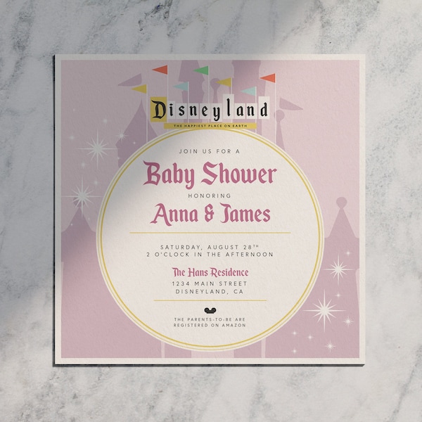 vintage Disneyland Castle Pink • Invitation de douche de bébé imprimable numérique