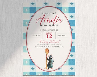 May include: A blue and white checkered invitation for a birthday party. The invitation says "Le Petit Chef Amelia is turning three. Come eat with us. Saturday August 12 5PM-9PM. A Fancy Restaurant 105 Main Street Paris, France. RSVP to Mom by 8/15 213-XXX-XXXX". The invitation features a cartoon rat holding a wooden spoon.