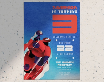 May include: A blue and red birthday invitation featuring a cartoon image of a red robot with a small figure on top. The text on the invitation reads "Jameson is turning 3. Celebrate with us! December 22, 2:00-5:00PM. The Hamada Residence, 1224 Main Street, San Fransokyo. RSVP to Hom by 08/05."