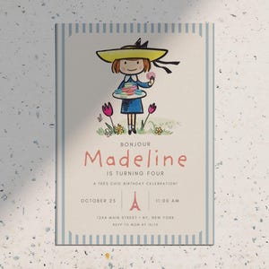 May include: Birthday invitation featuring a cartoon illustration of a girl in a yellow hat holding a plate of treats. The invitation reads "Bonjour Madeline is Turning Four" with details for the event.