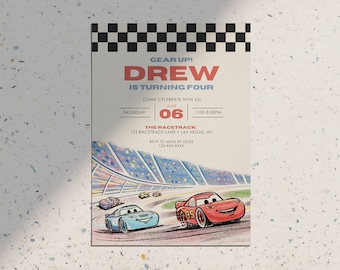May include: A birthday party invitation with a race car theme. The invitation features the text "GEAR UP! DREW IS TURNING FOUR" in red and the date "JUNE 06". The illustration shows two race cars on a racetrack.