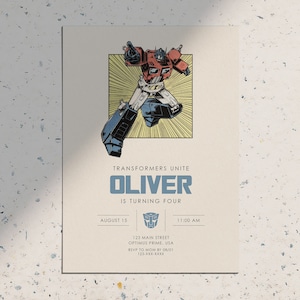 Moderne Transformatoren Optimus Prime in Aktion Klassische Vintage Einladung zur Geburtstagsfeier Rettung Bots • Digital druckbare Download einladen