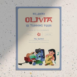 Convite para festa de aniversário da Disney Lilo e Stitch, simples, moderno e clássico, com costura, para meninas • Convite para download digital para impressão