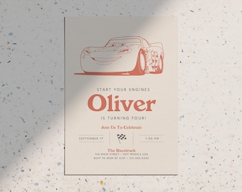 May include: A red and white birthday invitation with a cartoon red race car. The invitation says "Start your engines Oliver is turning four! Join us to celebrate September 17 1:00 PM The Racetrack 105 Main Street - Hot Wheels USA RSVP to Mom by 9/01 - 213-XXX-XXXX"
