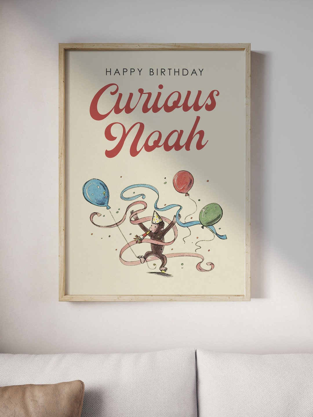 18x24 Curious George Balloons Simple Modern Classic Vintage Birthday ...