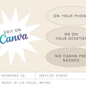May include: Cream-coloured graphic with text that reads "Edit on Canva" in a starburst shape. Additional text states "On your phone" and "Or on your desktop." The design also notes "No Canva Pro Needed."