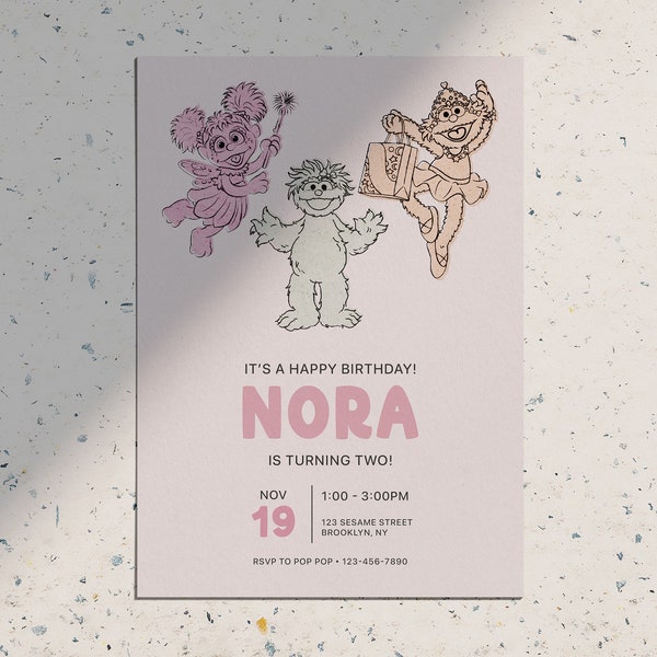 Girls of Sesame Street Simple Modern Abby Cadaby, Rosita, Zoe Birthday Party Invitation • Printable Download Invite