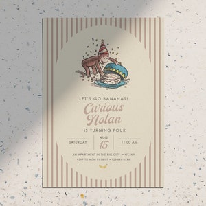 Curious George Alles Gute zum Geburtstag, einfache, moderne, neutrale, klassische Vintage-Geburtstagsparty-Einladung • druckbare digitale Download-Einladung