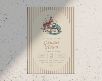 Curious George Birthday Invitation: Modern Neutral Vintage (Digital Download)