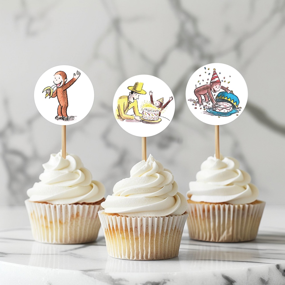 Curious George Birthday Party Toppers for Cupcakes • Cake Toppers ...