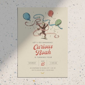 Curious George Simple Modern Classic Vintage Birthday Party Invitation • Printable Download Invite