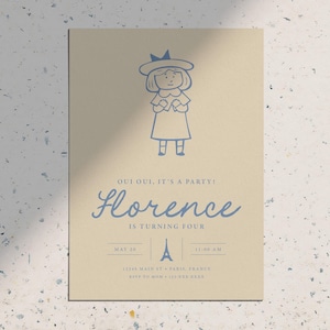 Madeline in Paris Vintage Modern Simple French Paris Birthday Party Invitation • Printable Download Invite