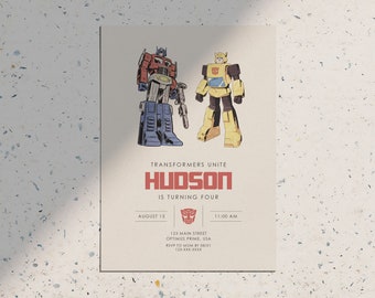 May include: A Transformers-themed birthday party invitation with a red and blue Optimus Prime and a yellow Bumblebee robot. The invitation says "Transformers Unite" and "Hudson is turning four".