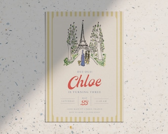 Madeline Vintage Modern Simple French Paris Stripes Birthday Party Invitation • Printable Download Invite
