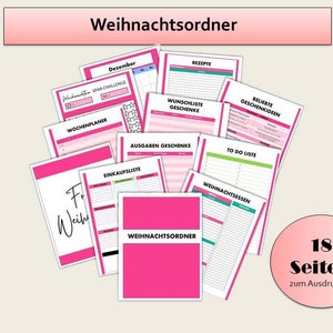 Puede incluir: Un planificador de Navidad imprimible rosa con 18 páginas. El planificador incluye secciones para un calendario de diciembre, un planificador semanal, una lista de deseos, una lista de regalos, una lista de tareas, una lista de compras, un presupuesto y un menú de cena de Navidad.