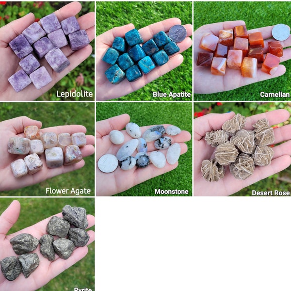 Mix and Match Tumbled Cubes or Raw Lepidolite, Flower Agate, Pyrite, Carnelian, Blue Apatite, Moonstone, Desert Rose