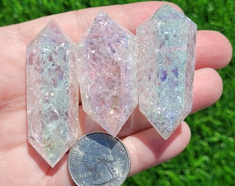 Angel Aura Coated Clear Crackle Quartz Double Point Crystal to Choose From, Clear Quartz DT