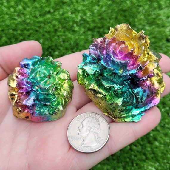 Rainbow Bismuth Crystal Flowers, Small and Large, Made by the Bismuth Smith  