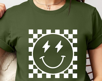 Smile Checkered Pattern Shirt Retro Checkered Smile Face Shirt Happy Face Tee Smile Face Shirt Checker Pattern Tee Smile Thunder Checker Tee