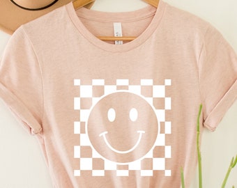 Camiseta con cara sonriente, camiseta gráfica con estampado de cuadros, camiseta retro con cara feliz, camisetas bohemias, cómoda y holgada, camiseta de verano para mujer, regalo minimalista