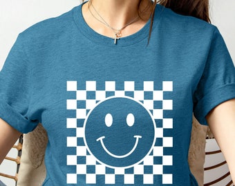 Smiley Checkered Shirt Retro Checkered Tee Happy Face Shirt Positivity Tee Women Smiley Gift Ideas Trendy Checker Shirt Smile Face Shirt