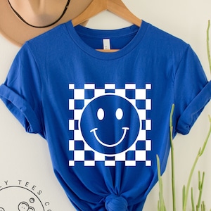 Smile Face Shirt, Smiley Checkered Pattern Graphic Tee, Retro Happy Face Shirt, Boho Tees, Comfy Oversized, Summer Shirt, Smile Graphic Tees