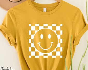 Smile Face Shirt, Smile Checkered Pattern Graphic Tee, Retro Happy Face Shirt, Boho Tees, Comfy Oversized, Summer Shirt Women, Birthday Gift