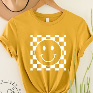 Smile Face Shirt, Smile Checkered Pattern Graphic Tee, Retro Happy Face Shirt, Boho Tees, Comfy Oversized, Summer Shirt Women, Birthday Gift