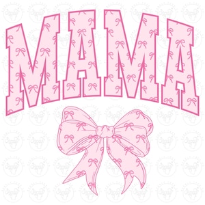 Puede incluir: Texto rosa "MAMA" con un lazo rosa sobre un fondo blanco con un patr&oacute;n de peque&ntilde;os lazos rosas.