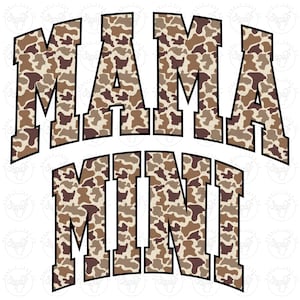 May include: A graphic design featuring the words "MAMA MINI" in a bold, collegiate-style font. The letters are filled with a camouflage pattern in shades of brown and tan, outlined in black, set against a white background.