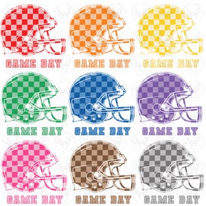 May include: Nine colorful football helmets with a checkered pattern, each in a different color, including red, orange, yellow, green, blue, purple, pink, brown, and gray. The text "GAME DAY" is below each helmet.