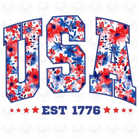 USA Floral Png, July 4th Png, Patriotic Png, Floral USA Png, Retro America Png, Girly Png, Red Blue White USA 1776 Png, America Floral Png
