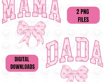 Paquete de mamá y papá (en formato PNG), lazos rosas (en formato PNG), patrón de lazos rosas para mamá y papá (en formato PNG), coqueta rosa (en formato PNG), camiseta para mamá (en formato PNG), camiseta para papá (en formato PNG), camiseta a juego (en formato PNG)