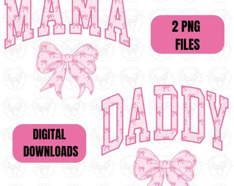 Paquete de mamá y papá (en formato PNG), lazos rosas (en formato PNG), patrón de lazos rosas para mamá y papá (en formato PNG), coqueta rosa (en formato PNG), camiseta para mamá (en formato PNG), camiseta para papá (en formato PNG), camiseta a juego (en formato PNG)