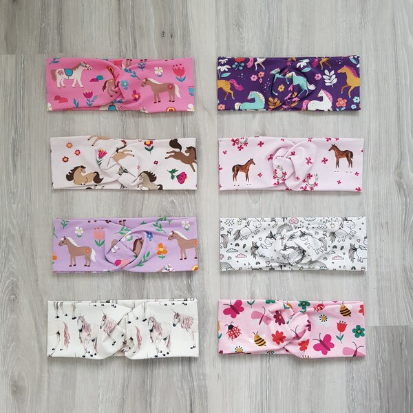 Headbands, hairbands, girls, jersey, 44-54 cm head circumference, approx. 2-5 years, horses, unicorns