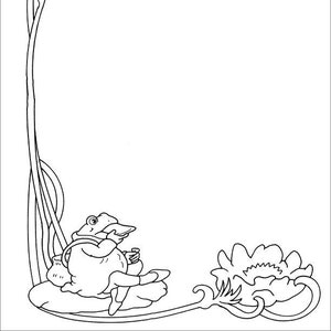 Puede incluir: Un dibujo en blanco y negro de una rana sentada en una hoja de nenúfar con una libélula volando por encima. La rana sostiene un objeto pequeño en su mano. La hoja de nenúfar es parte de una planta de nenúfar más grande con una flor.