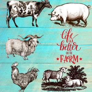 Set of Dover Vintage Farm Animals Digital Stamps, Rustic Farm Wood Background - Clip Art for card making, Journals, Book art,  and Cut Files