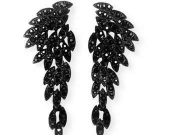 Black Earrings Dangle Luxury Lightweight Rhinestone Earrings Tassel Angels Wing Cluster Chandelier Long Statement Prom Bridal Jewelry