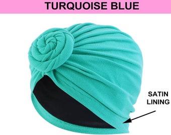 Turquoise Teal Turban Women Pretied Silk Satin Lined Turbans Knotted Head Wrap Chemo Headwear Hat Cap Beanie Headband Hair Head Scarf Gift