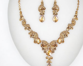 Gold Necklace and Earrings Set Bracelet Ring Gold Bridal Jewelry Set Gold Prom Necklace Gold Wedding Jewelry Rhinestone Statement Earrings