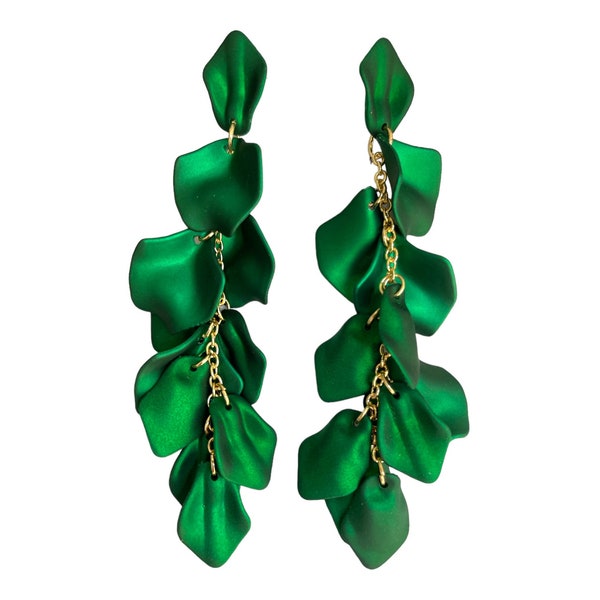 Green Earrings Dangle Green Petal Earrings Emerald Green Bridal Jewelry Prom Jewelry Statement Earrings Formal Dressy Green Vine Earrings
