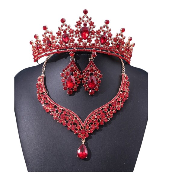 Red Necklace Earrings Crown Set Red Bridal Jewelry Set Red Rhinestone Earrings Tassel Dangle Wedding Statement Earrings Pageant Prom Jewelry