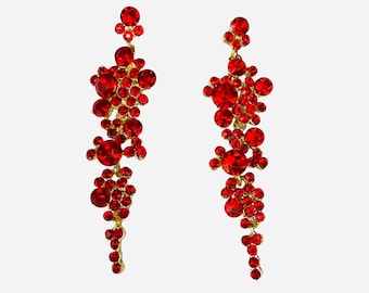 Red Earrings Red Bridal Wedding Statement Earrings Red Rhinestone Earrings Dangle Drop Crystal Long Teardrop Cluster Chandelier Prom Jewelry