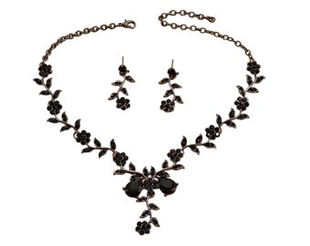 Black Necklace Earrings Bracelet Set Goth Black Bridal Wedding Jewelry Set Diamond Rhinestone Dressy Dainty Black Rose Flower Floral Vine
