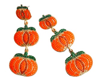 Halloween Earrings Orange Pumpkin Rhinestone Pearl Chandelier Dangle Drop Earrings Autumn Fall Holiday Thanksgiving Christmas Earrings