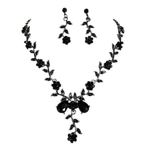 Black Jewelry Set Black Necklace and Earrings Set Floral Vine Crystal Rhinestone Wedding Bridal Gothic Bridesmaid Jewelry Goth Halloween