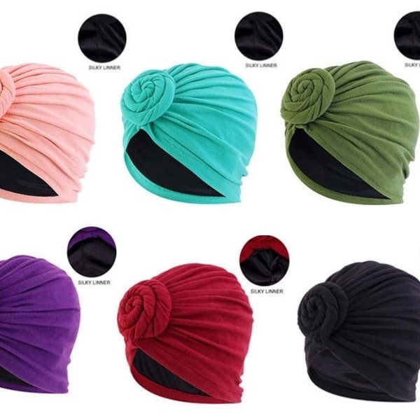 SATIN-LINED Turban for women Pre-Tied Sleep Cap Bonnet Chemo Head Wraps Head Turban Silk Bonnet Knot Beanie Head Scarf Wrap Headwear Hat