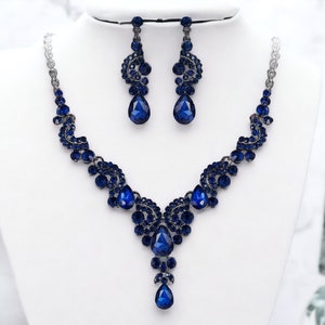 Navy Blue Earrings Necklace Bracelet Ring Set Blue Bridal Jewelry Set Rhinestone Earrings Dangle Wedding Prom Jewelry Statement Earrings